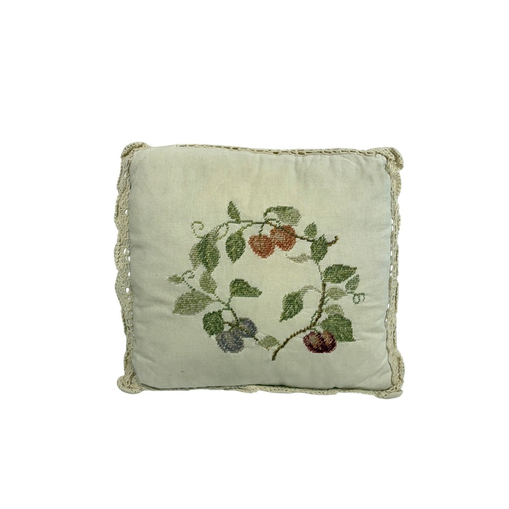 Vintage Cross Stitch Fruit Wreath Throw Pillow Lace Trim Cottagecore Cream 16x16